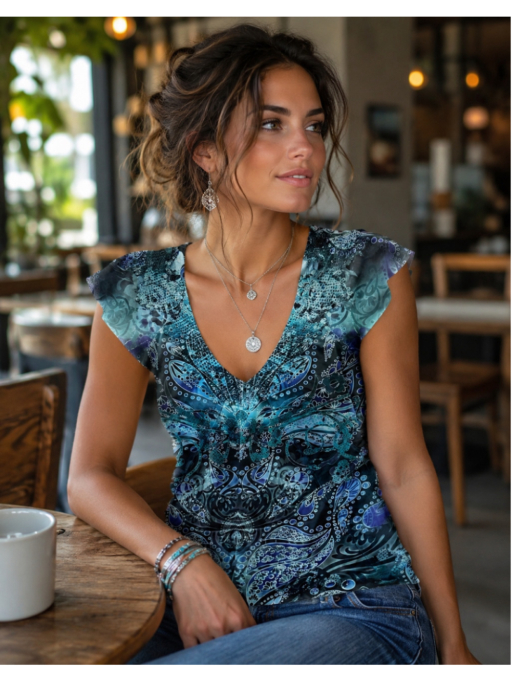 Women's Unity World Wear Blue Black Paisley Short Sleeve Tee S Summer